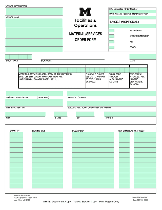 MATERIALSERVICES ORDER FORM screenshot