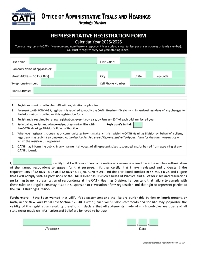 GN5 Representative Registration Form screenshot