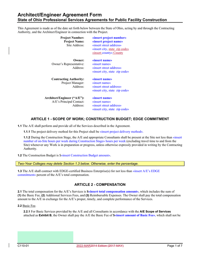 ArchitectEngineer Agreement Form screenshot