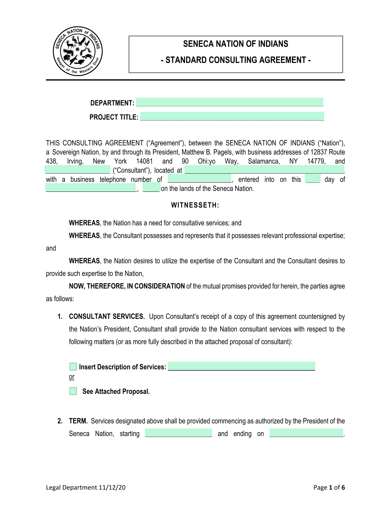 Seneca Nation Of Indians Standard Consulting Agreement screenshot