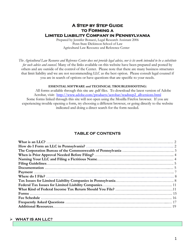 A Step By Step Guide To Forming A Limited Liability Company In Pennsylvania screenshot