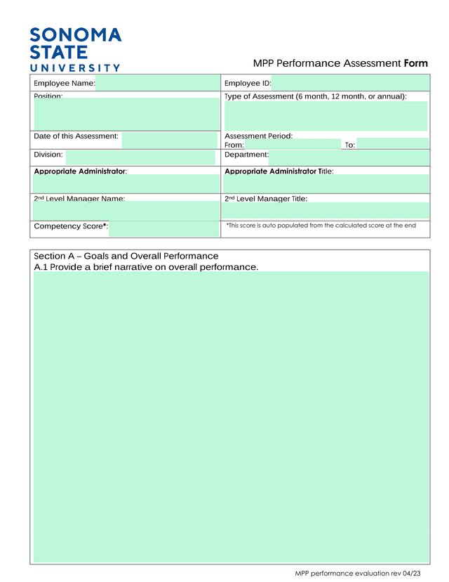 MPP Performance Assessment Form screenshot