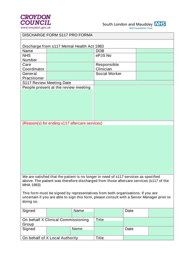 Discharge Form S117 PRO FORMA screenshot