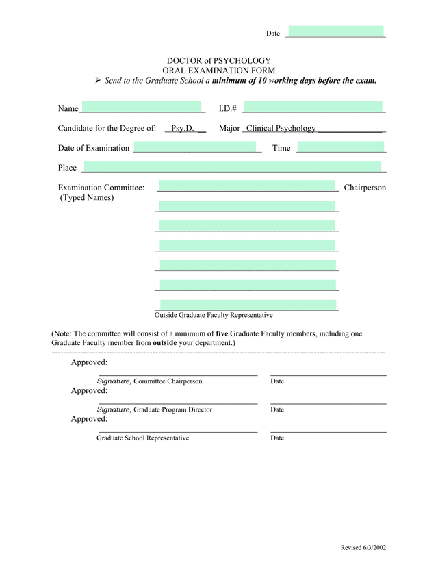 DOCTOR Of PSYCHOLOGY ORAL EXAMINATION FORM screenshot