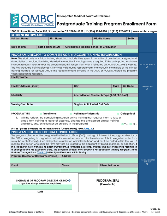 Postgraduate Training Program Enrollment Form screenshot