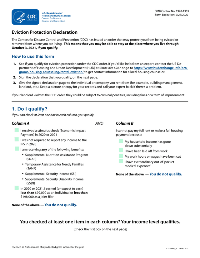 Eviction Protection Declaration screenshot