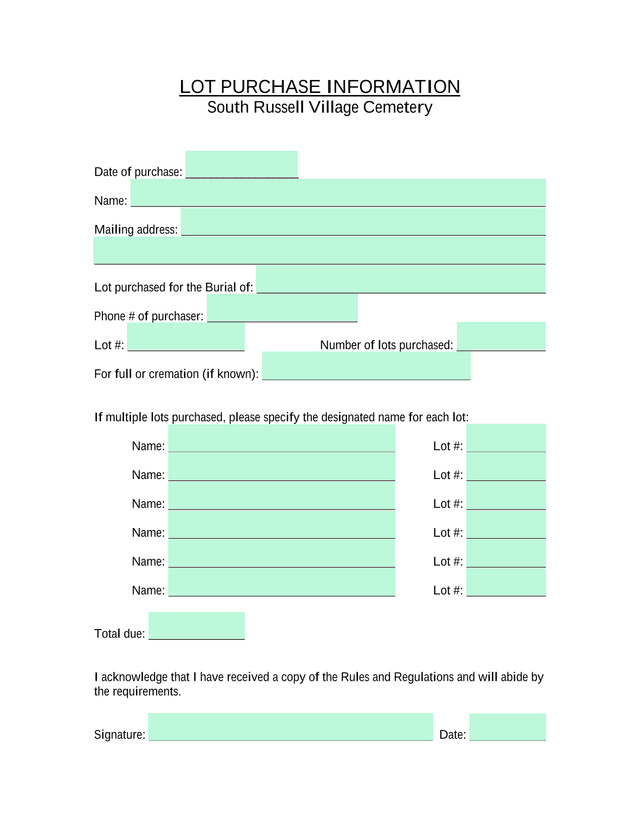 LOT PURCHASE INFORMATION South Russell Village Cemetery screenshot