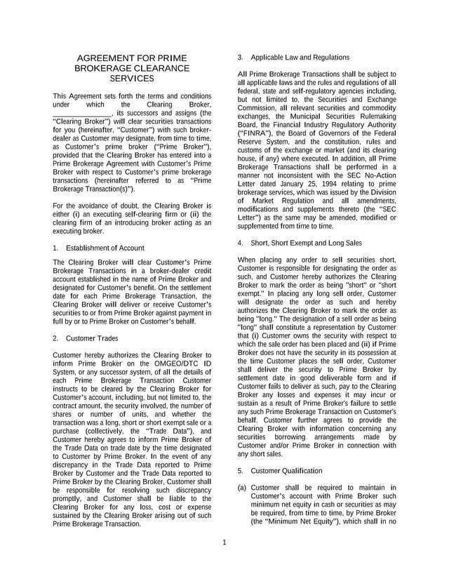 AGREEMENT FOR PRIME BROKERAGE CLEARANCE SERVICES screenshot