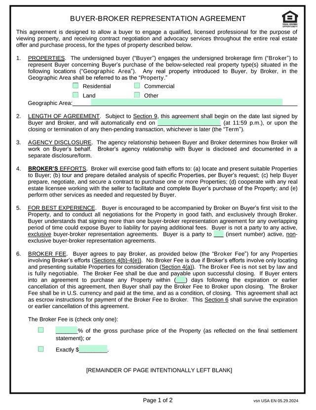 BUYER BROKER REPRESENTATION AGREEMENT screenshot