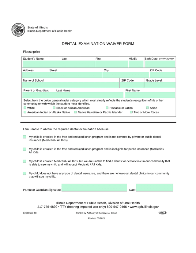 Dental Examination Waiver Form screenshot