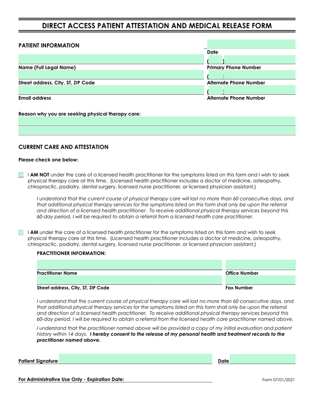 DIRECT ACCESS PATIENT ATTESTATION AND MEDICAL RELEASE FORM screenshot