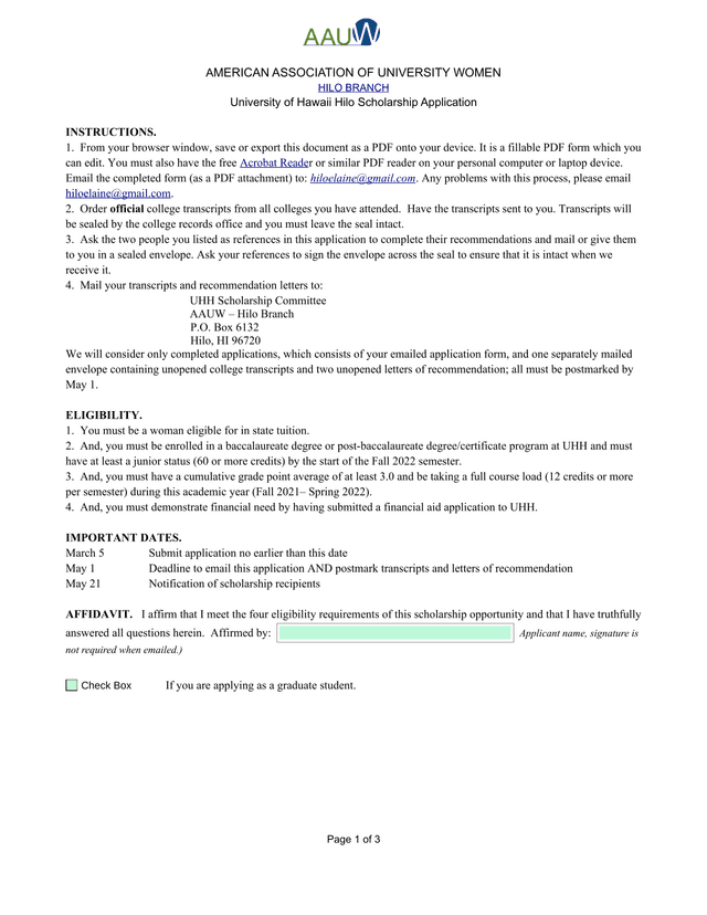 University Of Hawaii Hilo Scholarship Application screenshot