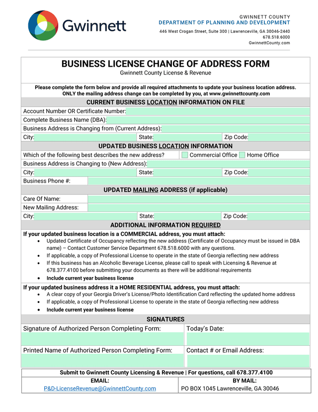 Business License Change Of Address Form screenshot