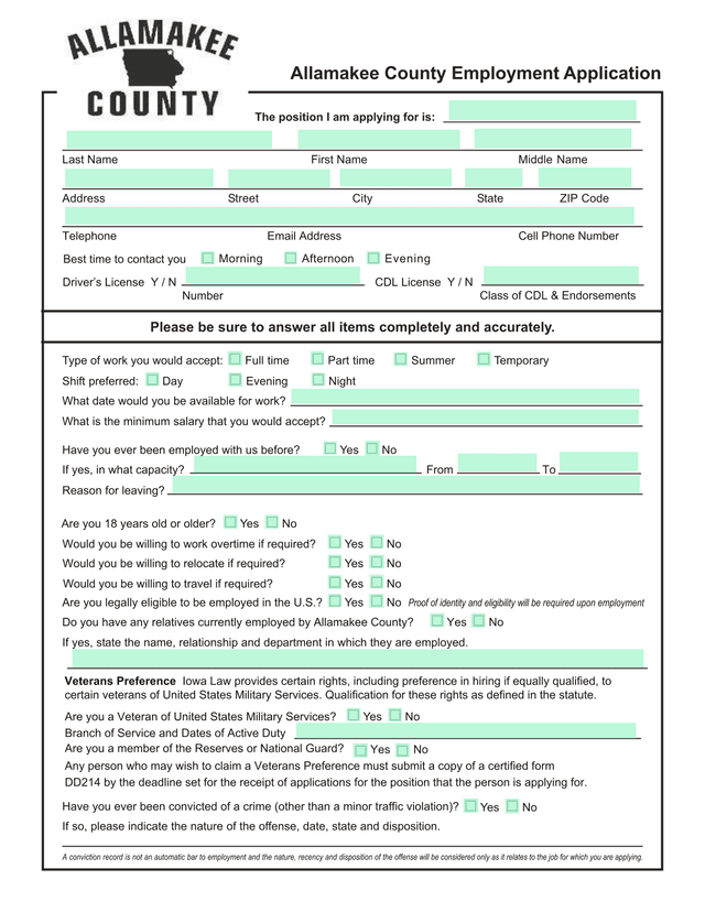 Allamakee County Employment Application screenshot