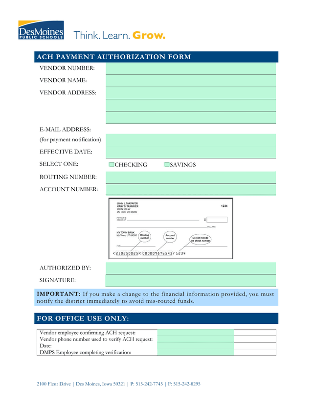 ACH PAYMENT AUTHORIZATION FORM screenshot