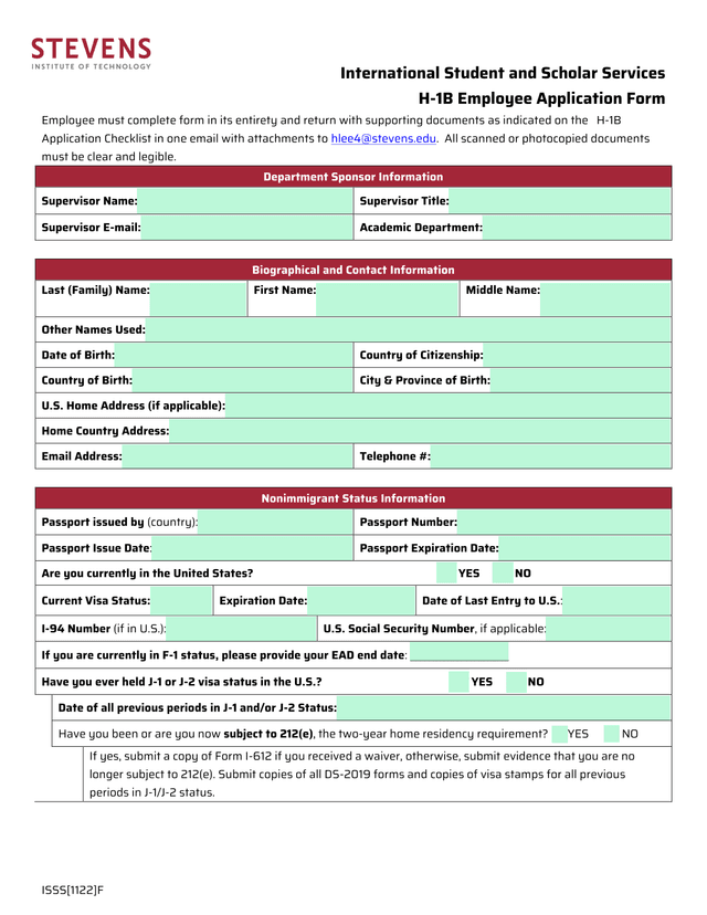 H 1B Employee Application Form screenshot