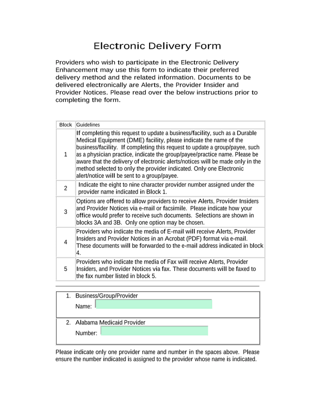 Electronic Delivery Form screenshot