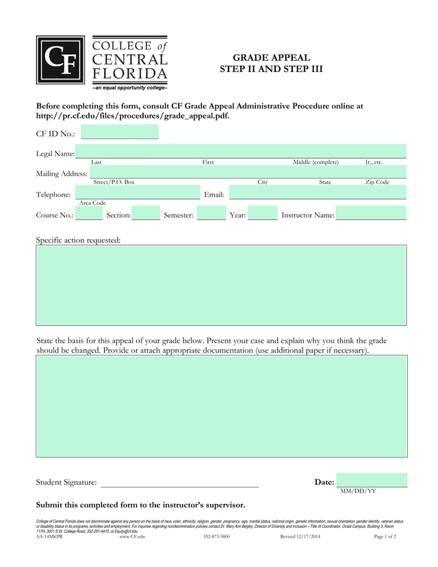 Grade Appeal Form screenshot