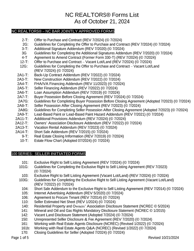 NC REALTORS Forms List screenshot