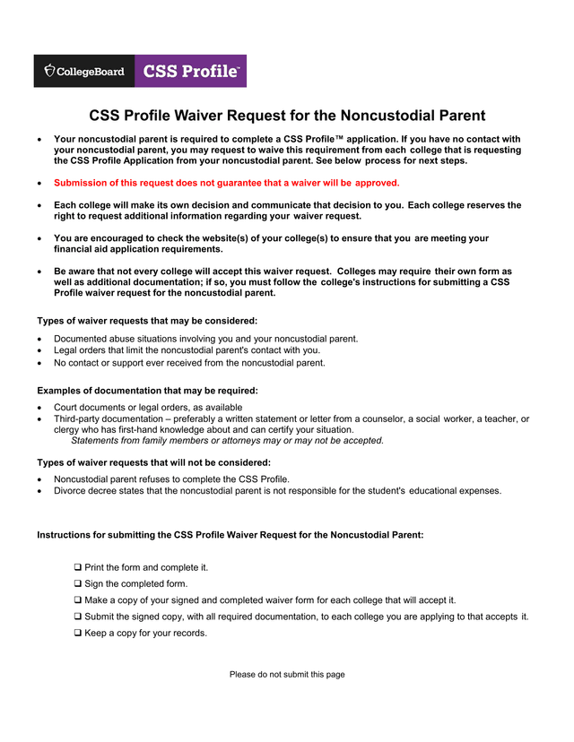 CSS Profile Waiver Request For The Noncustodial Parent screenshot