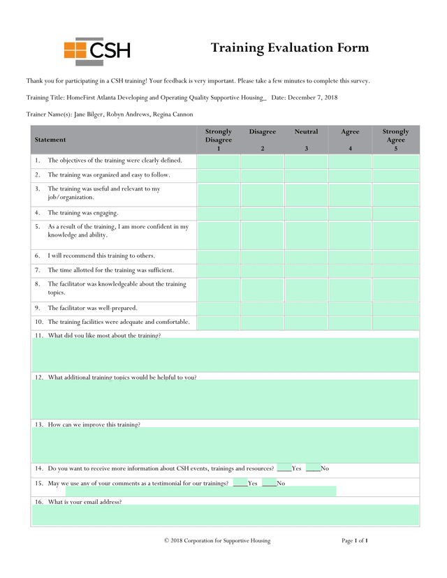 Training Evaluation Form screenshot