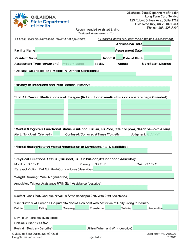 Recommended Assisted Living Resident Assessment Form screenshot