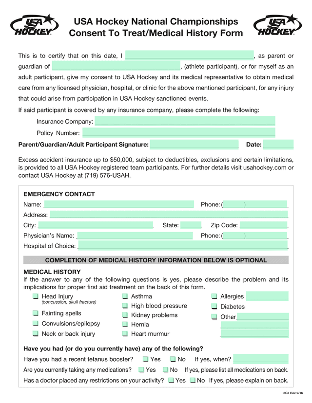 USA Hockey National Championships Consent To TreatMedical History Form screenshot