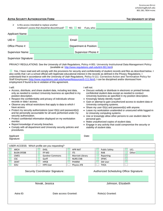 ASTRA SECURITY AUTHORIZATION FORM screenshot
