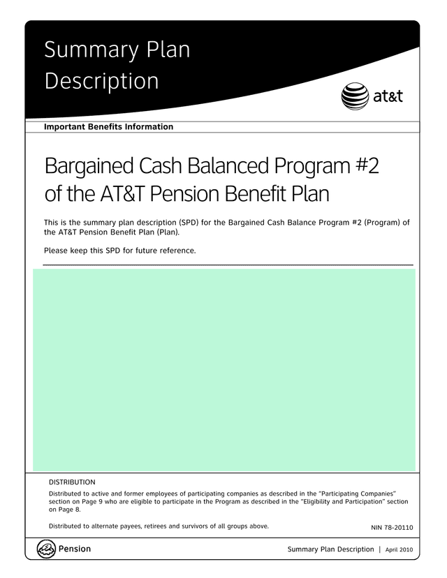 Summary Plan Description Bargained Cash Balanced Program 2 Of The ATT Pension Benefit Plan screenshot