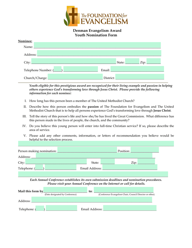 Denman Evangelism Award Youth Nomination Form screenshot