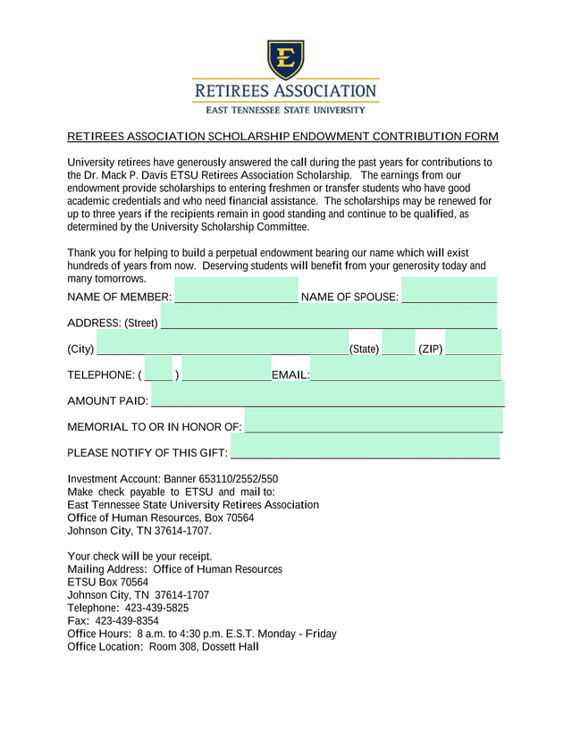 Retirees Association Scholarship Endowment Contribution Form screenshot