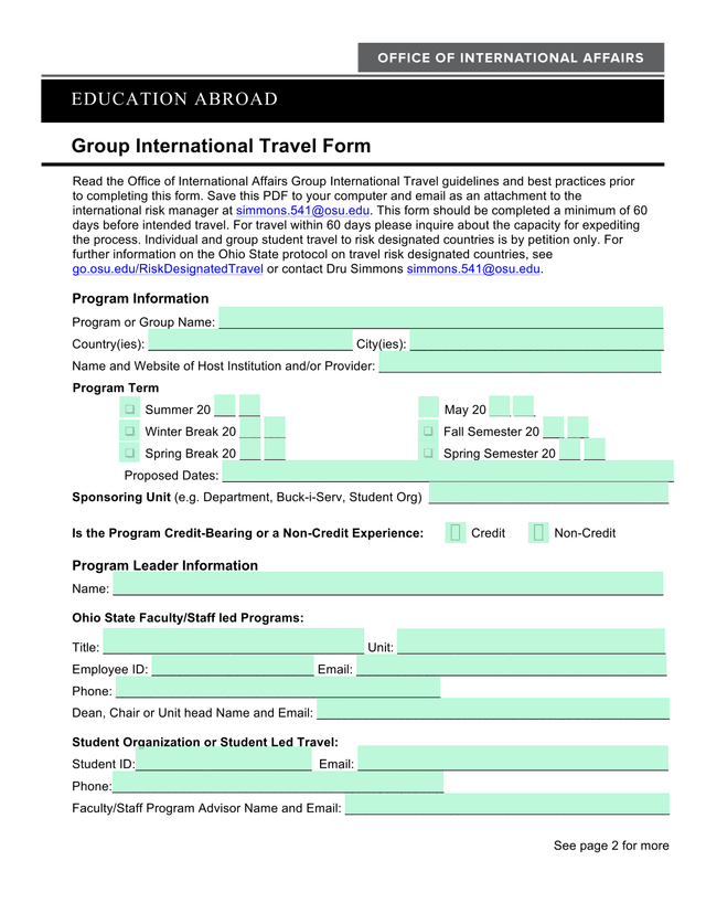Group International Travel Form screenshot