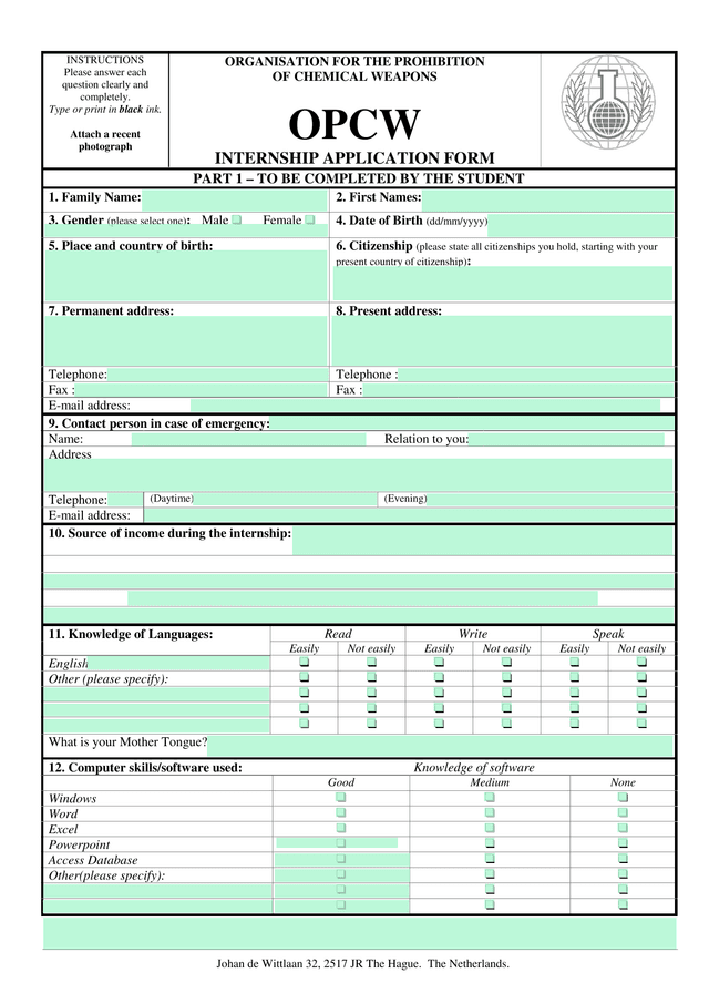 OPCW Internship Application Form screenshot
