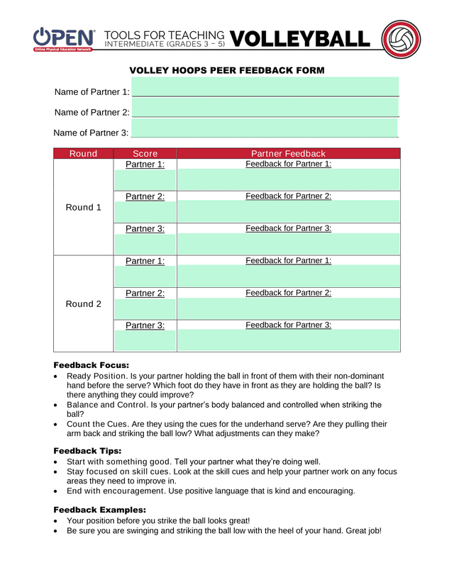 VOLLEY HOOPS PEER FEEDBACK FORM screenshot