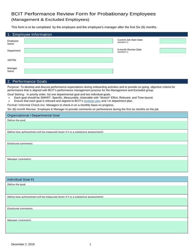 BCIT Performance Review Form For Probationary Employees (Management  Excluded Employees) screenshot