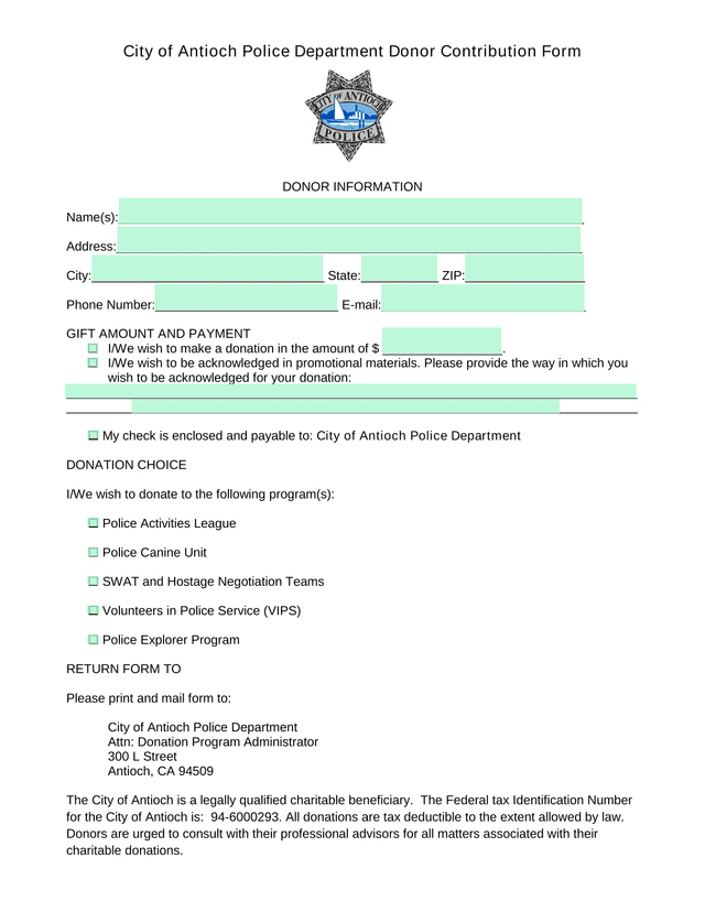 City Of Antioch Police Department Donor Contribution Form screenshot