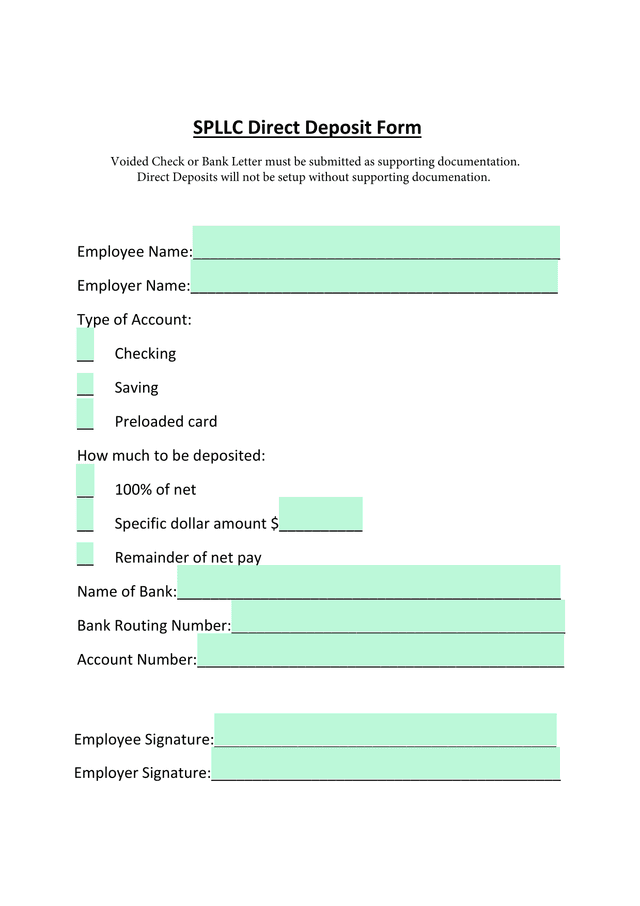 SPLLC Direct Deposit Form screenshot