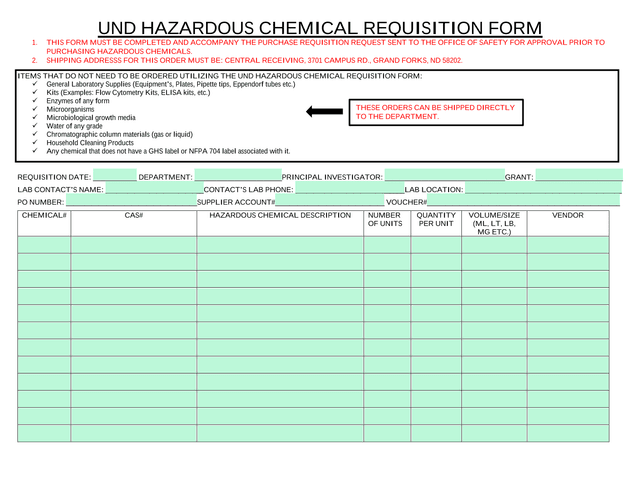 UND Hazardous Chemical Requisition Form screenshot