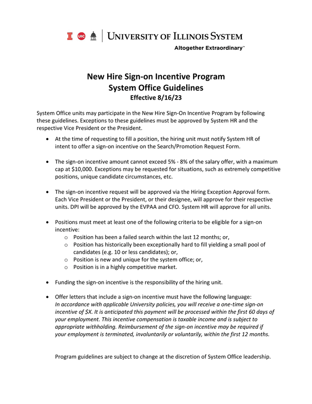 New Hire Sign On Incentive Program System Office Guidelines screenshot