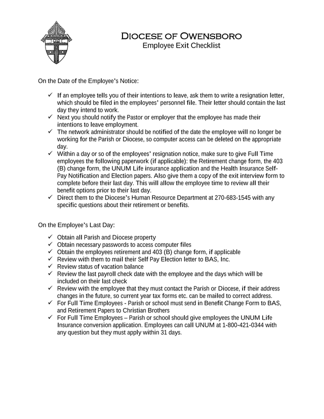 Diocese Of Owensboro Employee Exit Checklist screenshot