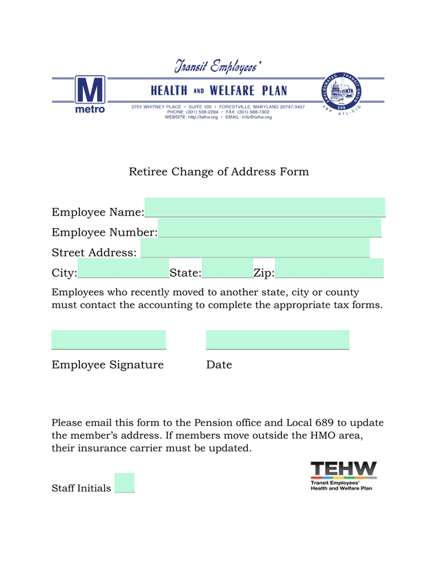 Retiree Change Of Address Form screenshot