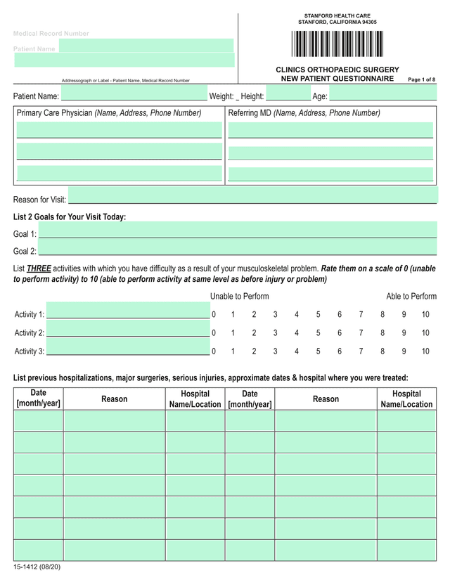 NEW PATIENT QUESTIONNAIRE screenshot
