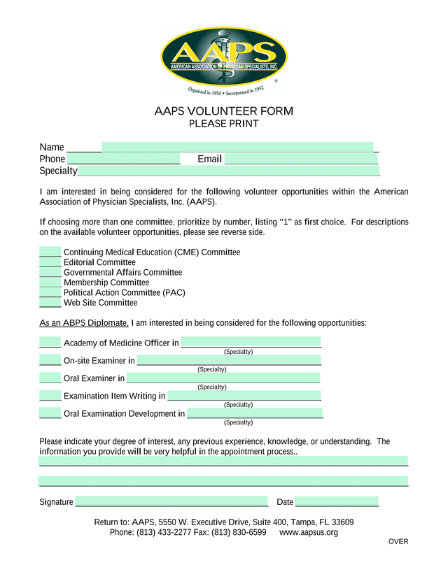 AAPS VOLUNTEER FORM screenshot