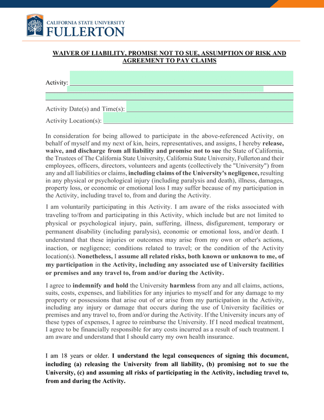 Waiver Of Liability, Promise Not To Sue, Assumption Of Risk And Agreement To Pay Claims screenshot