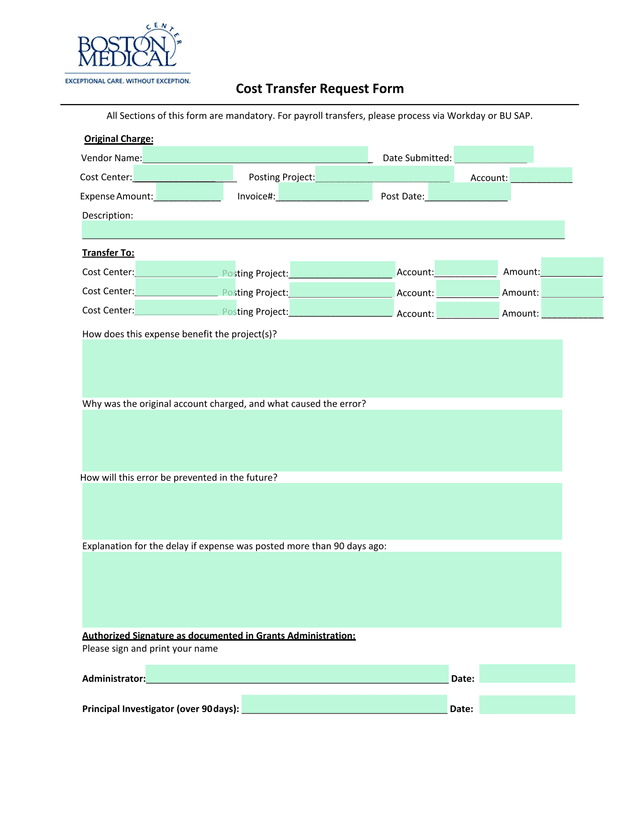 Cost Transfer Request Form screenshot