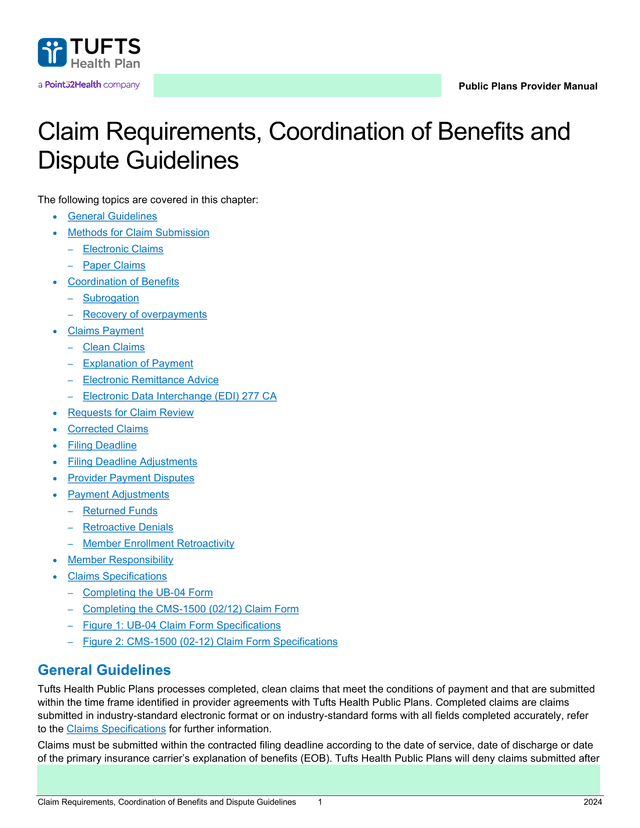 Public Plans Provider Manual Claim Requirements, Coordination Of Benefits And Dispute Guidelines screenshot