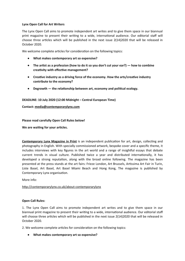 Lynx Open Call For Art Writers screenshot