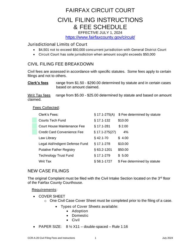 CCR A 20 Civil Filing Fees And Instructions screenshot