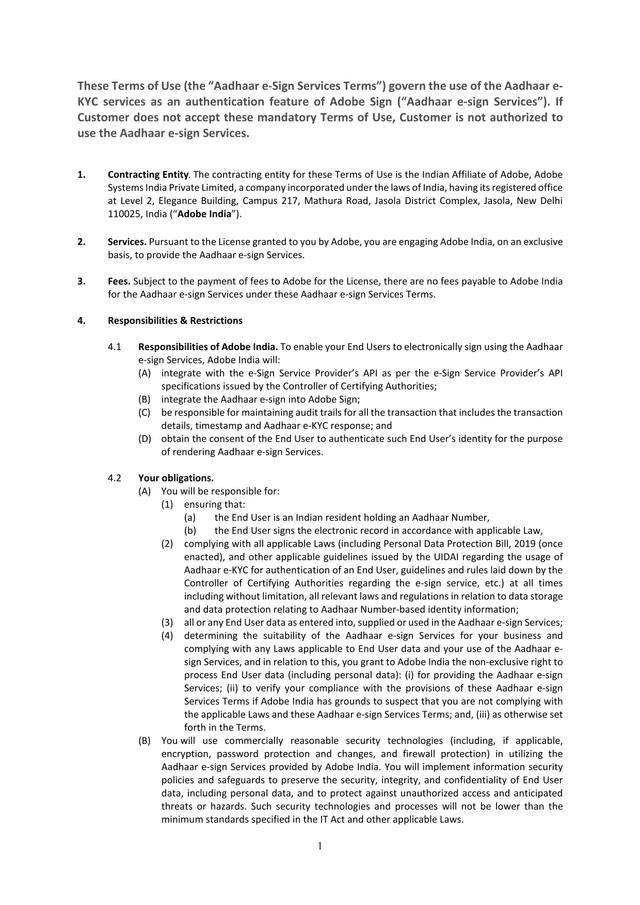 Aadhaar E Sign Services Terms screenshot