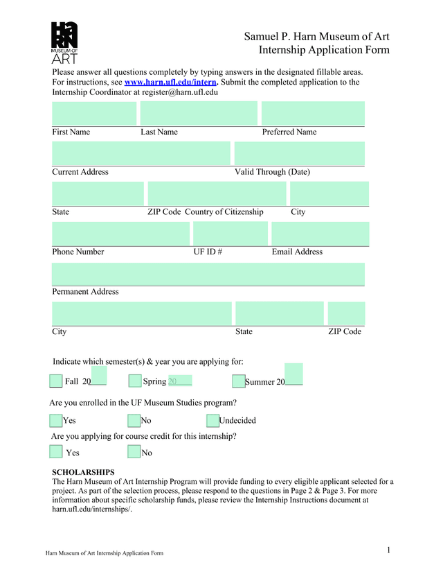 Harn Museum Of Art Internship Application Form screenshot